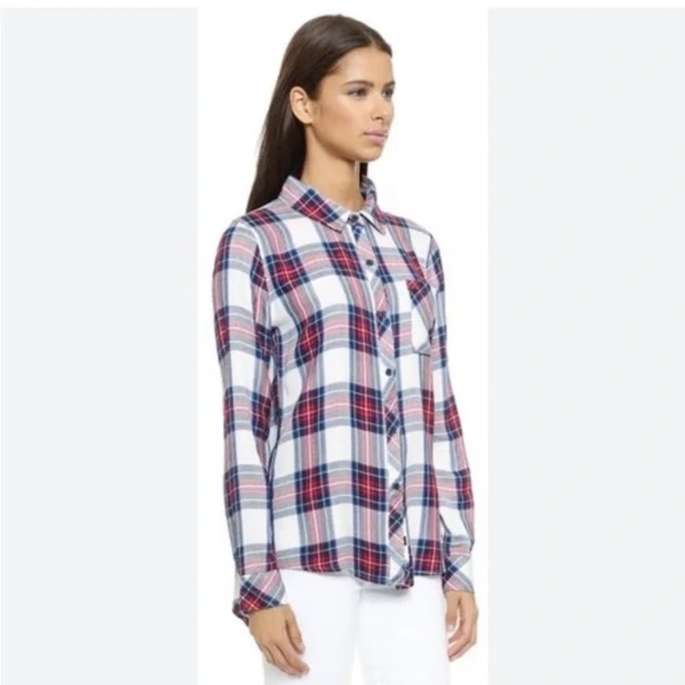 Rails Hunter White Rose Navy Plaid Long Sleeve M Medium 100% Rayon - Picture 2 of 11
